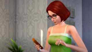 A Sim uses her phone in The Sims 4