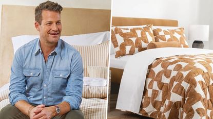 A photo of Nate Berkus next to a photo of a bright patterned quilt set on a made bed