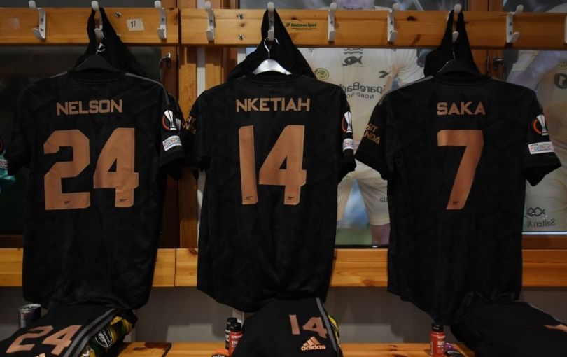 Arsenal shirts hanging in the away dressing room at Bodø/Glimt