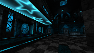 An image of neon teal castle interiors from the Doom WAD Lullaby