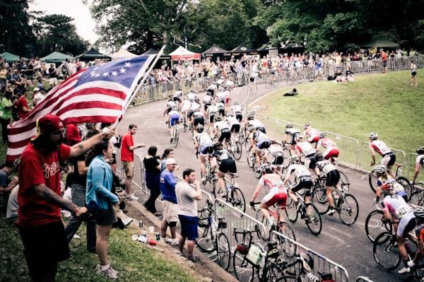 Fans cheer the women climbing over Lemon Hill.