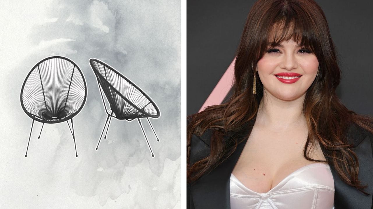 Black basket outdoor chairs from All Modern on a grey background next to a closeup of Selena Gomez with red lipstick and a black blazer at an event