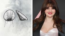Black basket outdoor chairs from All Modern on a grey background next to a closeup of Selena Gomez with red lipstick and a black blazer at an event
