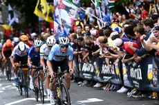 Remco Evenepoel riding hard on the front of the UCI World Championships road race in Leuven, Belgium