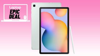 Green Samsung Galaxy Tab S6 Lite with S Pen against pink gradient background.