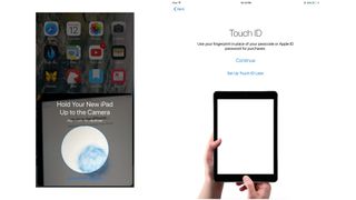 Use Automatic Setup to transfer data to new iPad by showing steps: Scan the image, enter passcode, setup Touch ID