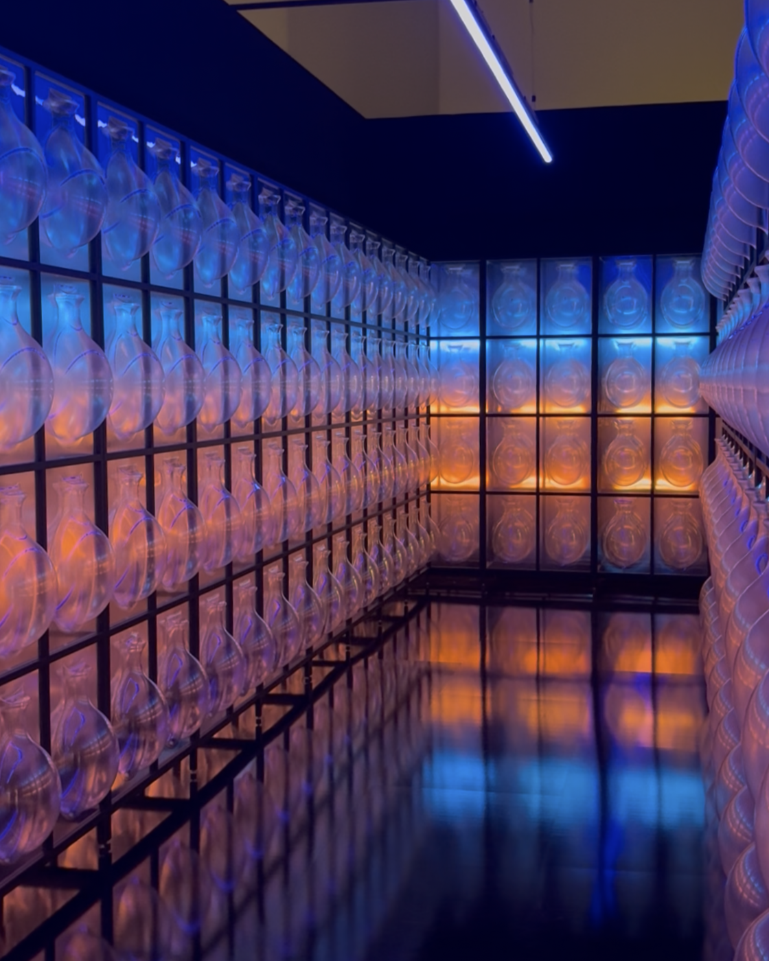 A design installation boasts textural, grid-like walls composed of multiple vessels in glass, backlit with a gradient visual effect ranging from orange to light blue light.