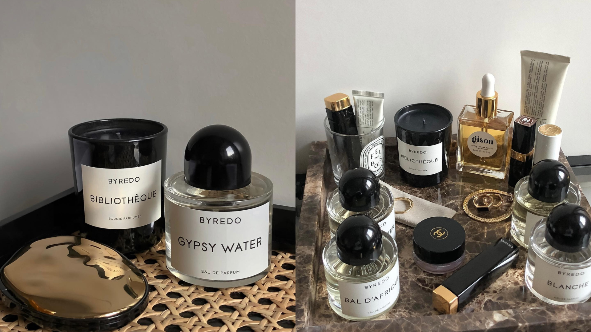 Photo collage of Byredo fragrances and makeup staples 