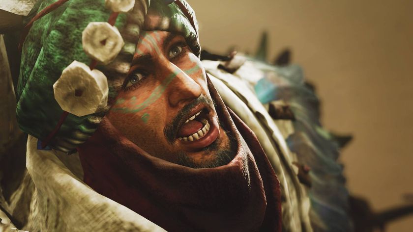 Monster Hunter Wilds screenshot of a man with his mouth open.