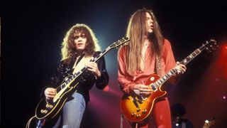 Brian Robertson (left) and Scott Gorham perform with Thin Lizzy at the Palladium, New York City, October 22, 1977.