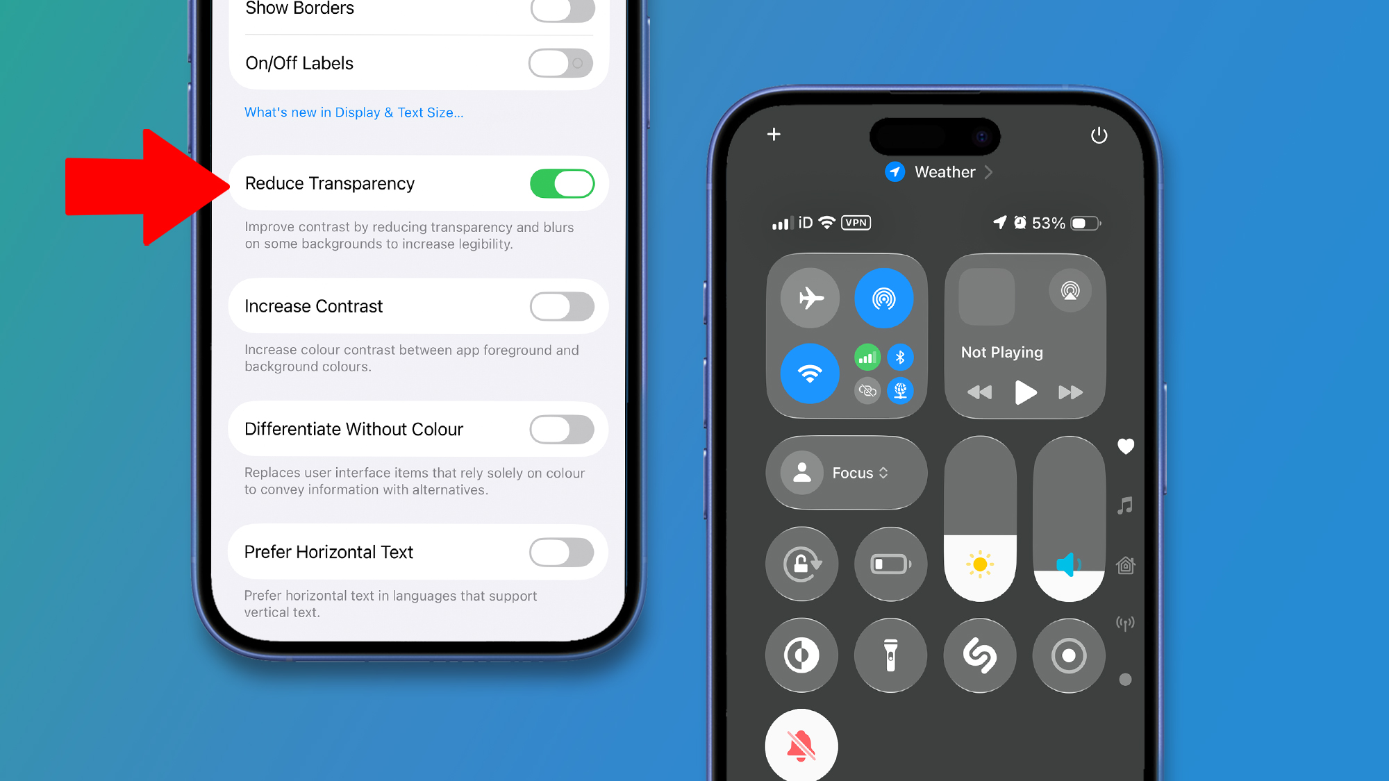 Two iPhones on a green and blue background showing iOS 26 settings