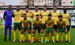 Pacos de Ferreira players pose for a team photo before the start of the Portuguese Cup match between Vitoria FC and FC Pacos de Ferreira at Estadio do Bonfim on October 16, 2022 in Setubal, Portugal.