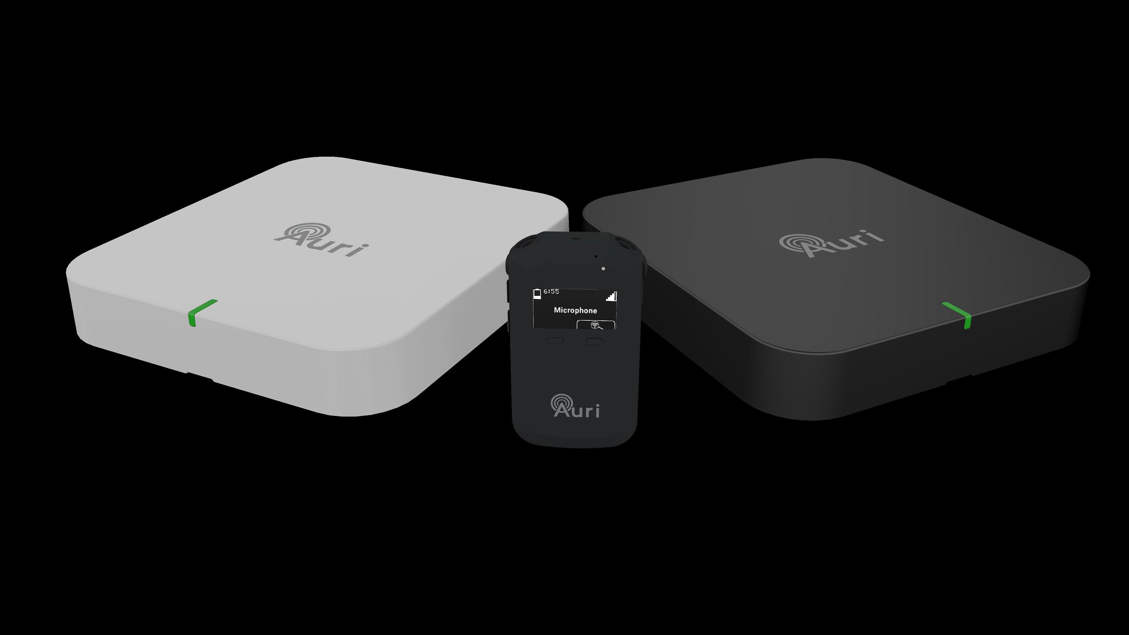 The Ampetronic | Listen Technologies Auri system in black and white. 