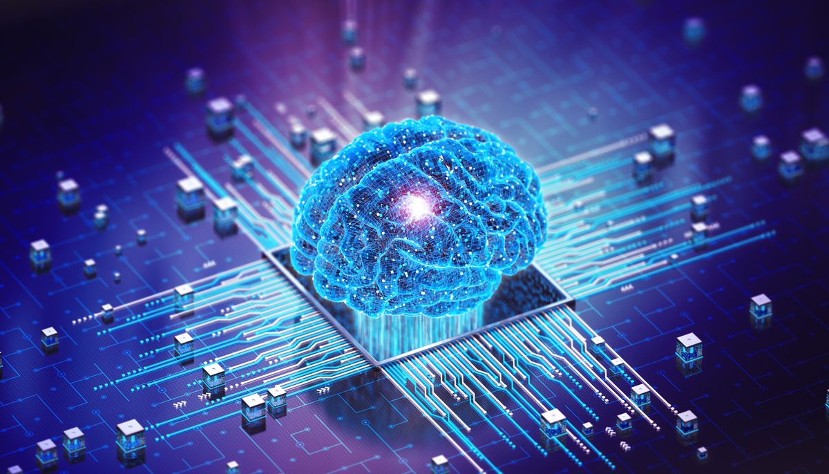 Generative AI in cyber security concept art with digital brain on a circuit board in blue coloring