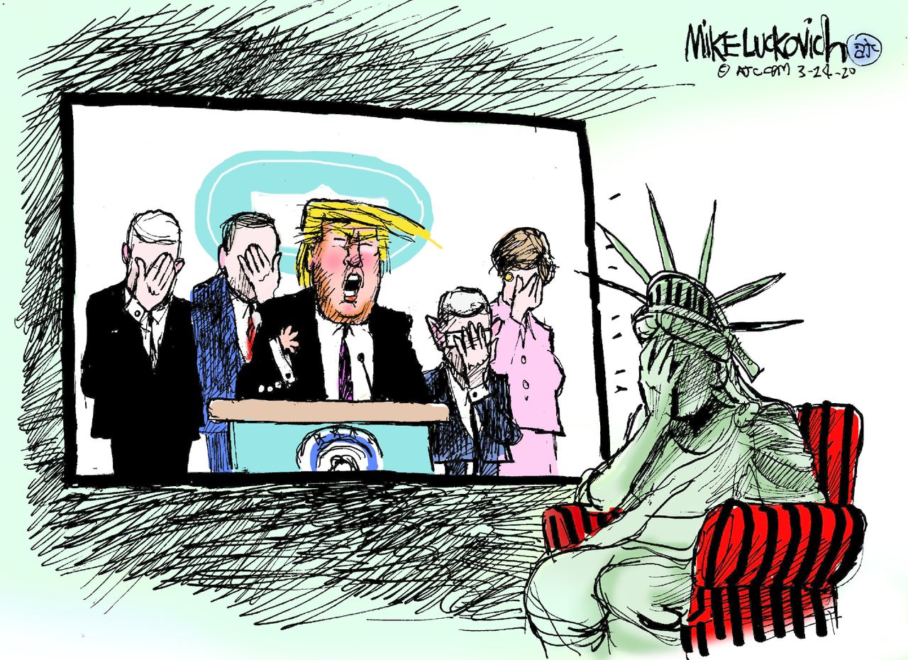 Political Cartoon U.S. Trump Dr. Fauci Coronavirus Lady Liberty embarrassing briefing