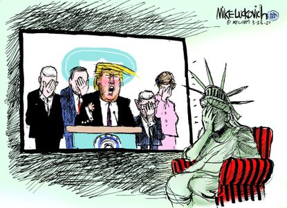 Political Cartoon U.S. Trump Dr. Fauci Coronavirus Lady Liberty embarrassing briefing