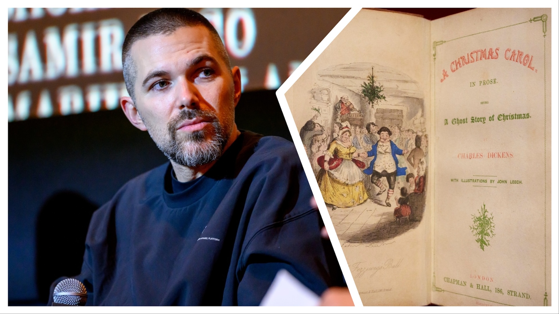 Robert Eggers on the left and the inside cover of A Christmas Carol on the right