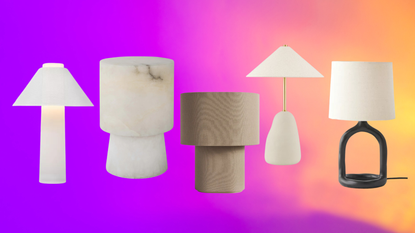 collage of minimalist table lamps on a colorful background