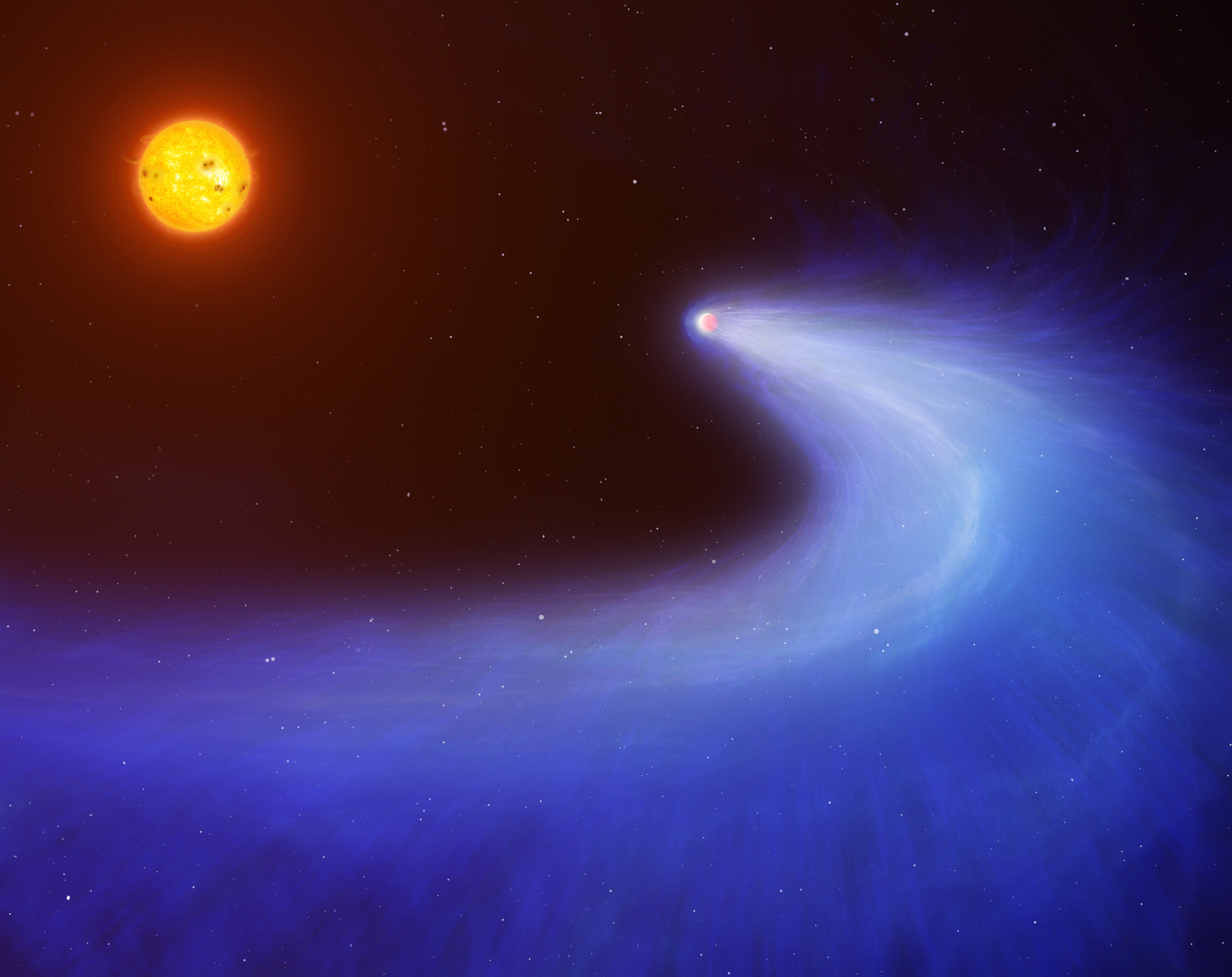 An illustration of ultraviolet light from a red dwarf (top left) as it slowly evaporates from an exoplanet's atmosphere.