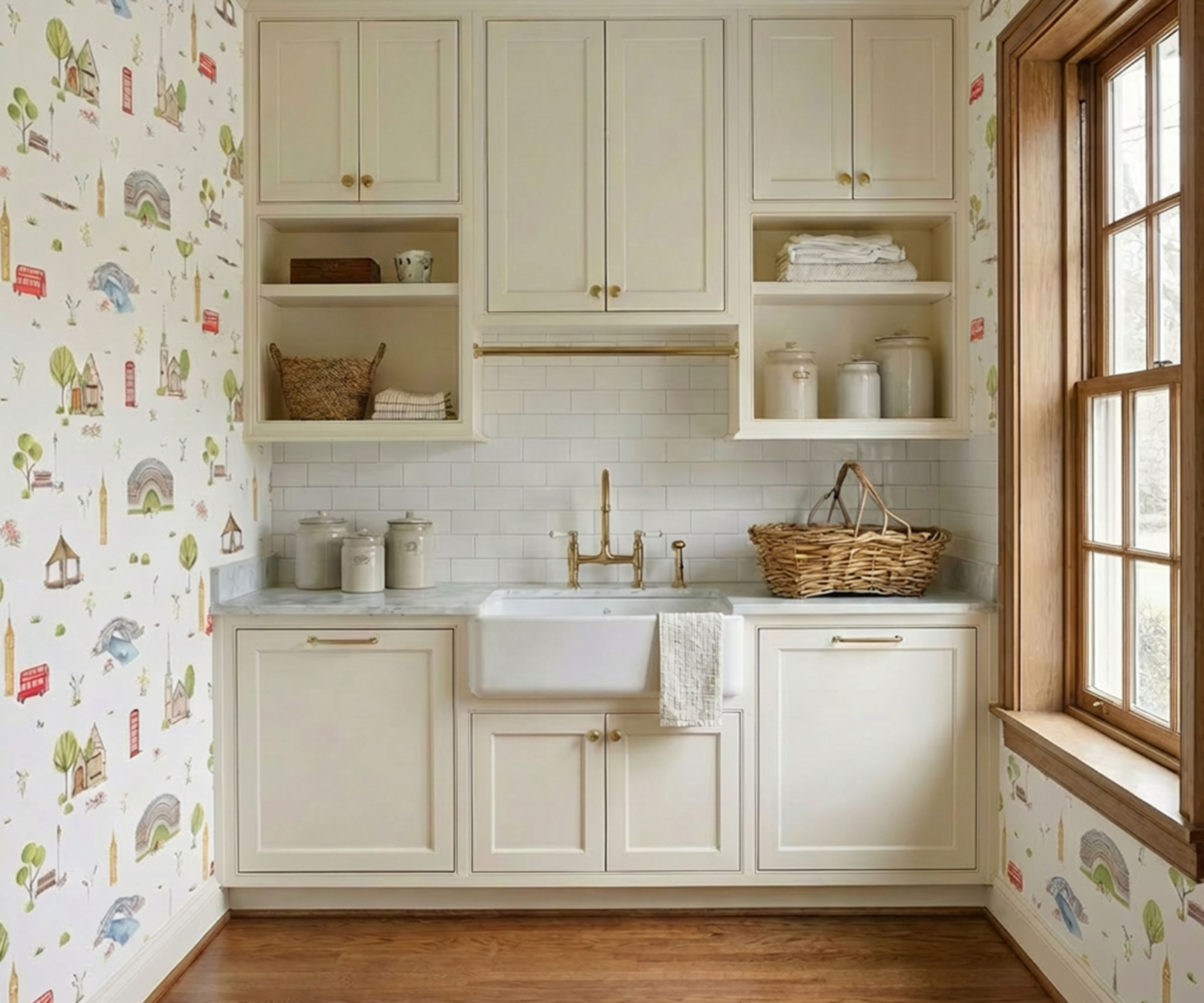 cream utility room with pretty retro wallpaper
