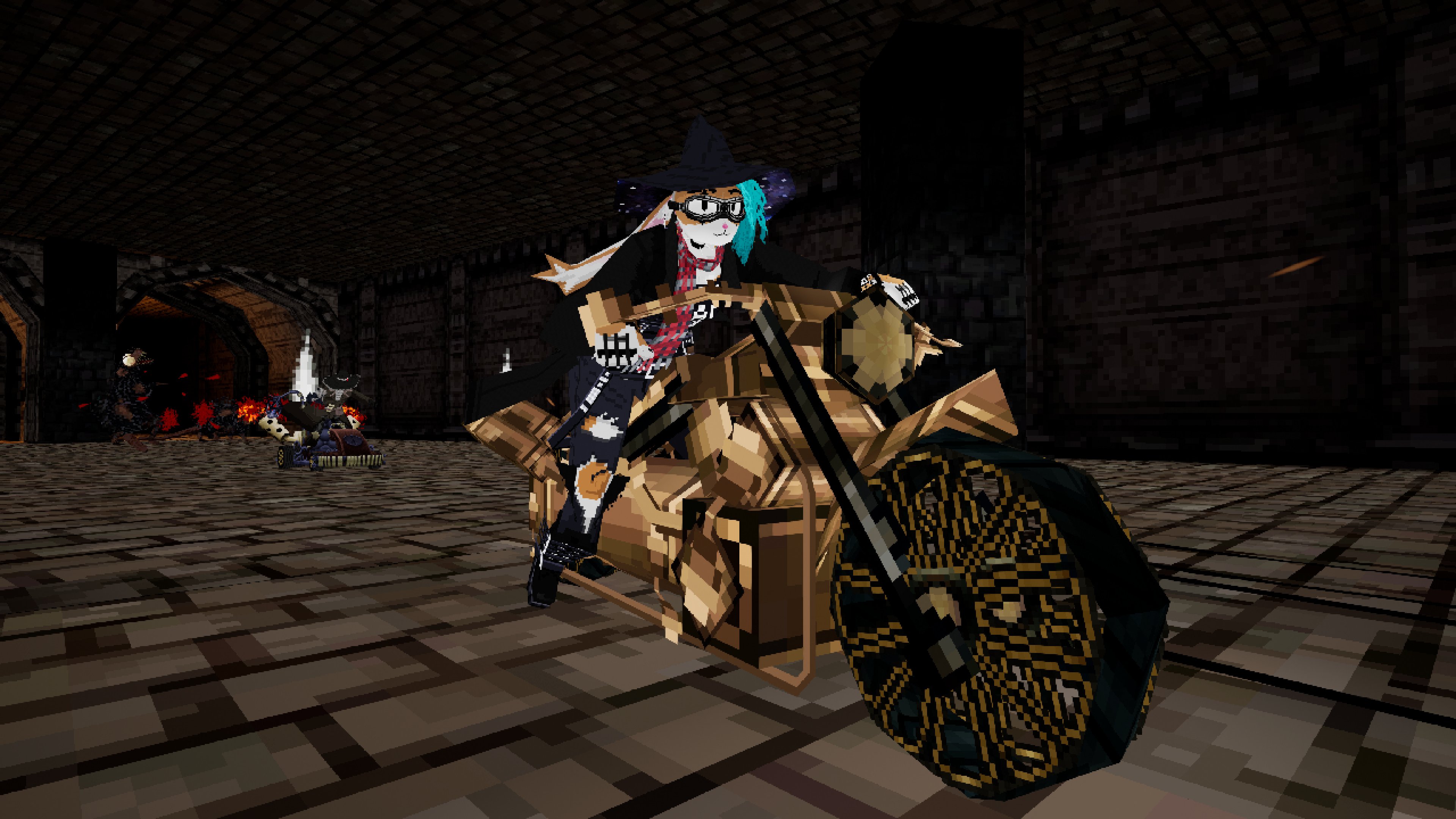 An image of Bunlith, a fursona that's a bunny with a witch hat, tearing asphalt in Nightmare Kart.
