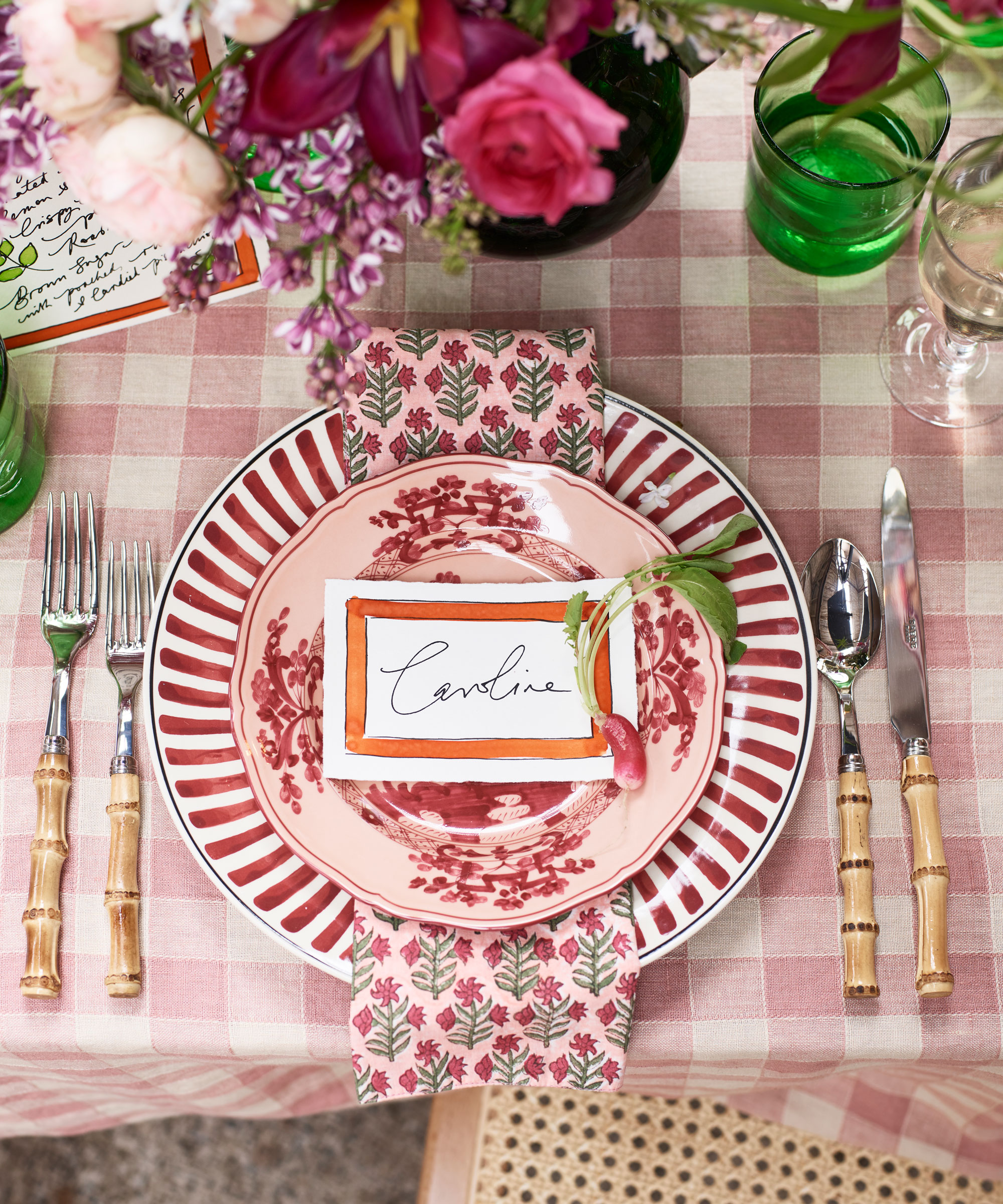 pretty decorative place setting with layers of colourful pattern