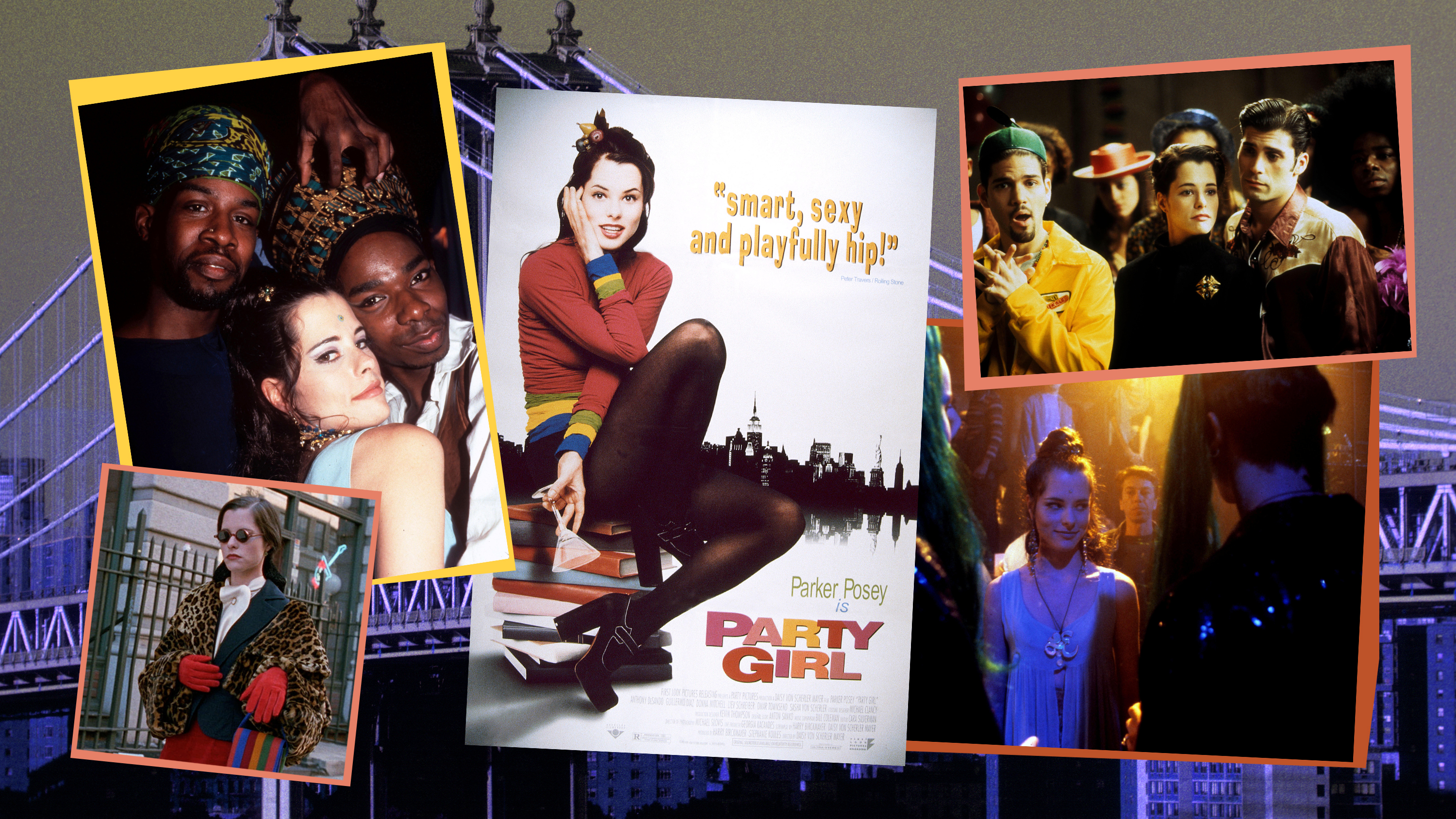 a collage of stills from the movie party girl starring parker posey against a backdrop of a manhattan bridge