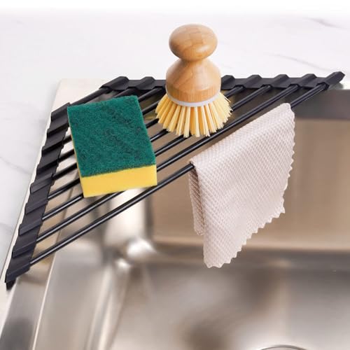 Tomorotec Small Triangle Roll-Up Dish Drying Rack With Silicone Coating Stainless Steel Frame for Sink Corners, Multipurpose Over-The-Sink Kitchen Drainer &amp;amp; Organizer for Space-Saving Storage (black)
