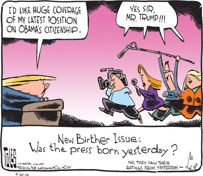 Editorial cartoon U.S. birther issue the media Donald Trump ratings