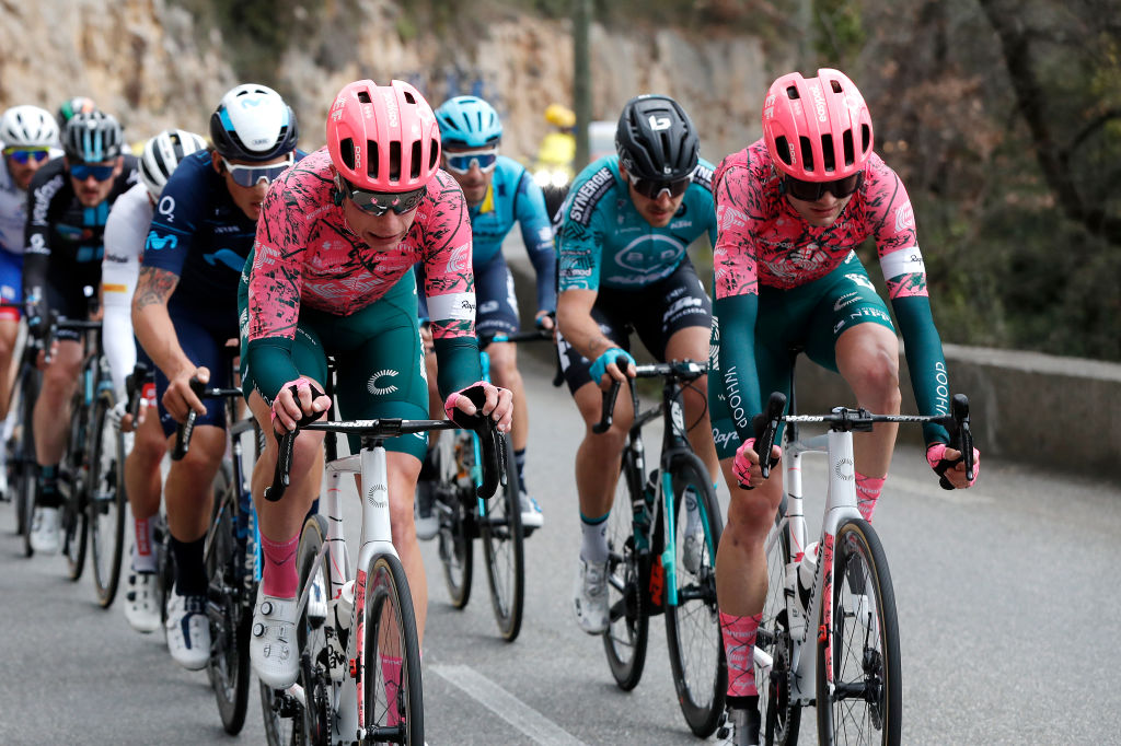 COL DE TURINI FRANCE MARCH 12 LR Julius Van Den Berg of Netherlands and Simon Carr of United Kingdom and Team EF Education Easypost compete during the 80th Paris Nice 2022 Stage 7 a 1555km stage from Nice to Col de Turini 1605m ParisNice WorldTour on March 12 2022 in Col de Turini France Photo by Bas CzerwinskiGetty Images
