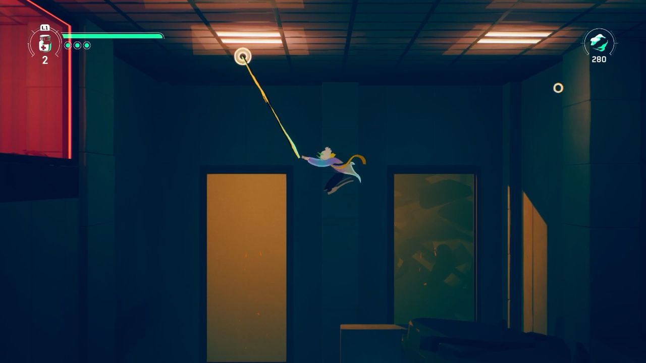 Possessor(s) gameplay showing protagonist swinging with grappling hook in office interior.