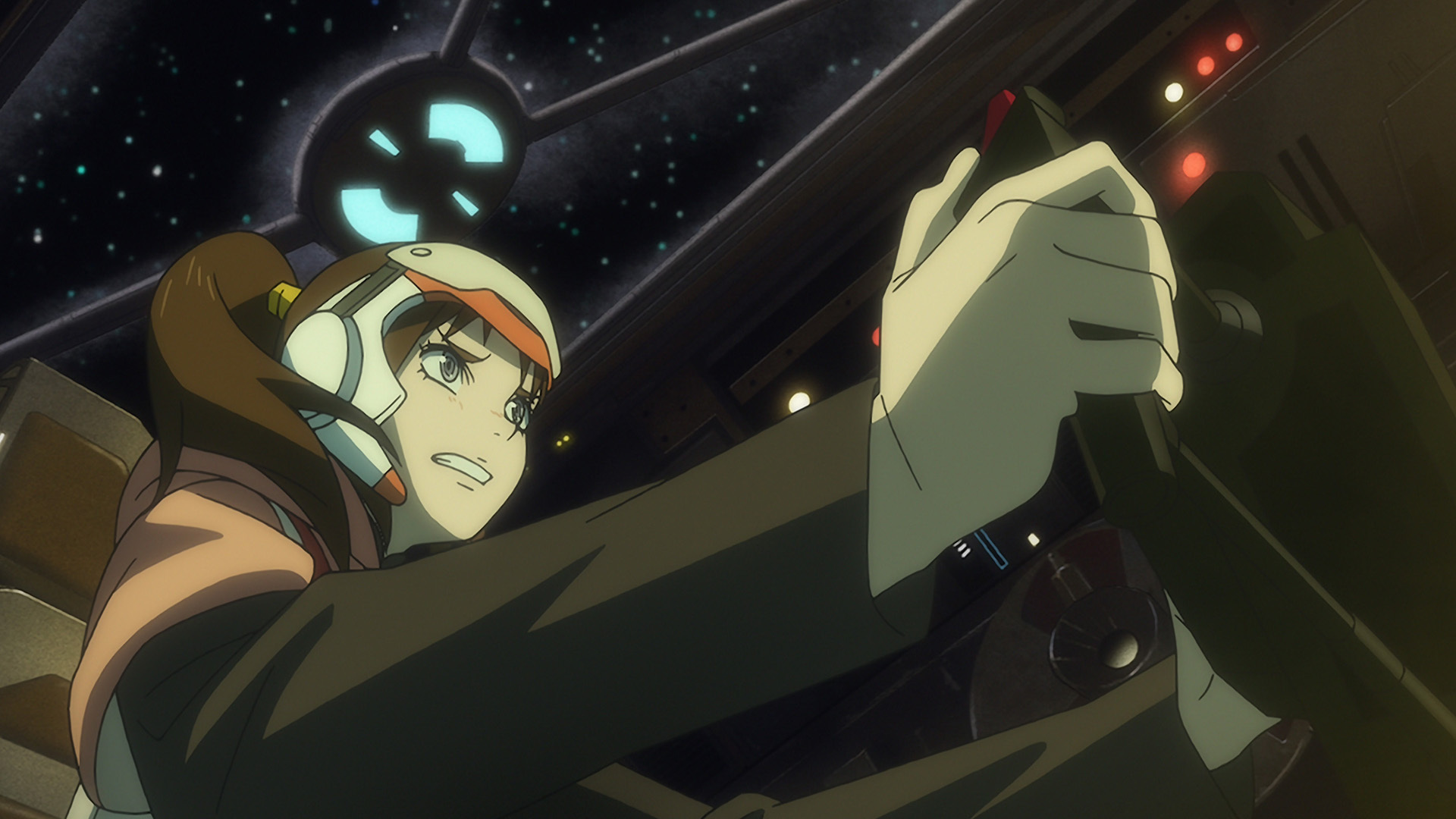 Still from the animated TV anthology series "Star Wars: Visions Volume 3". This episode is called 'The Ninth Jedi: Child of Hope' by Production I.G. A woman sitting in a spacecraft cockpit.