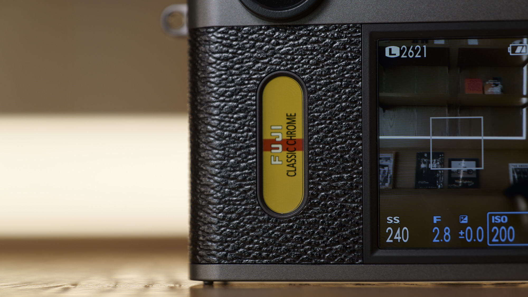 Close up of Fujifilm X half compact camera's Film Simulation LCD screen