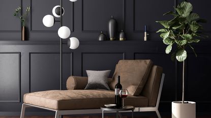 best indoor trees - dark painted living room with a chaise longue and potted fig tree