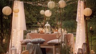 Willow canopy with fairy lights, globes and LED candles in garden