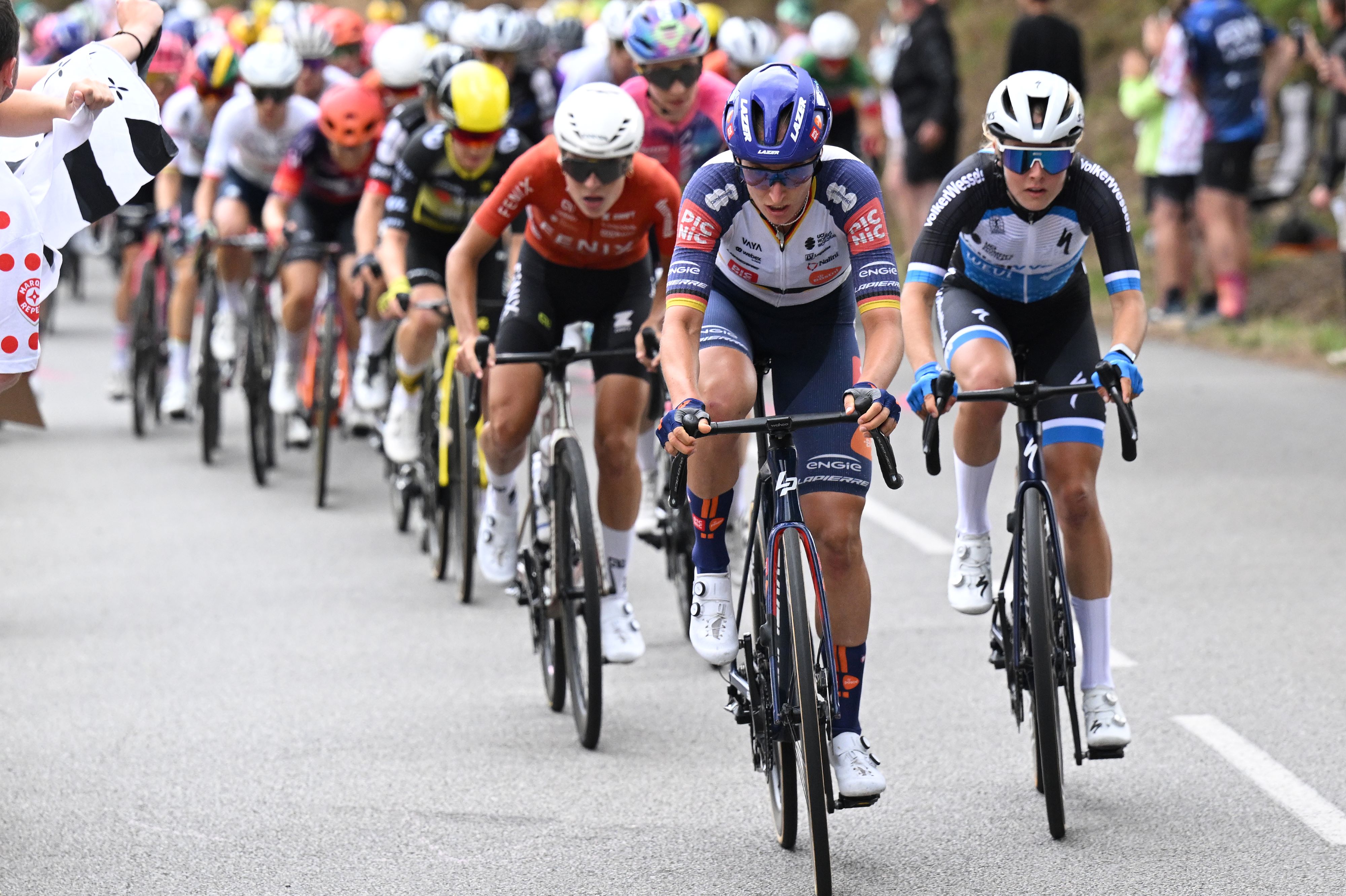 Franziska Koch attacking on stage one of the Tour de France Femmes 2025.