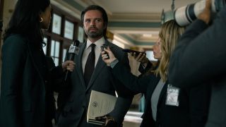 Bucky Barnes inside the Capitol being interviewed by reporters