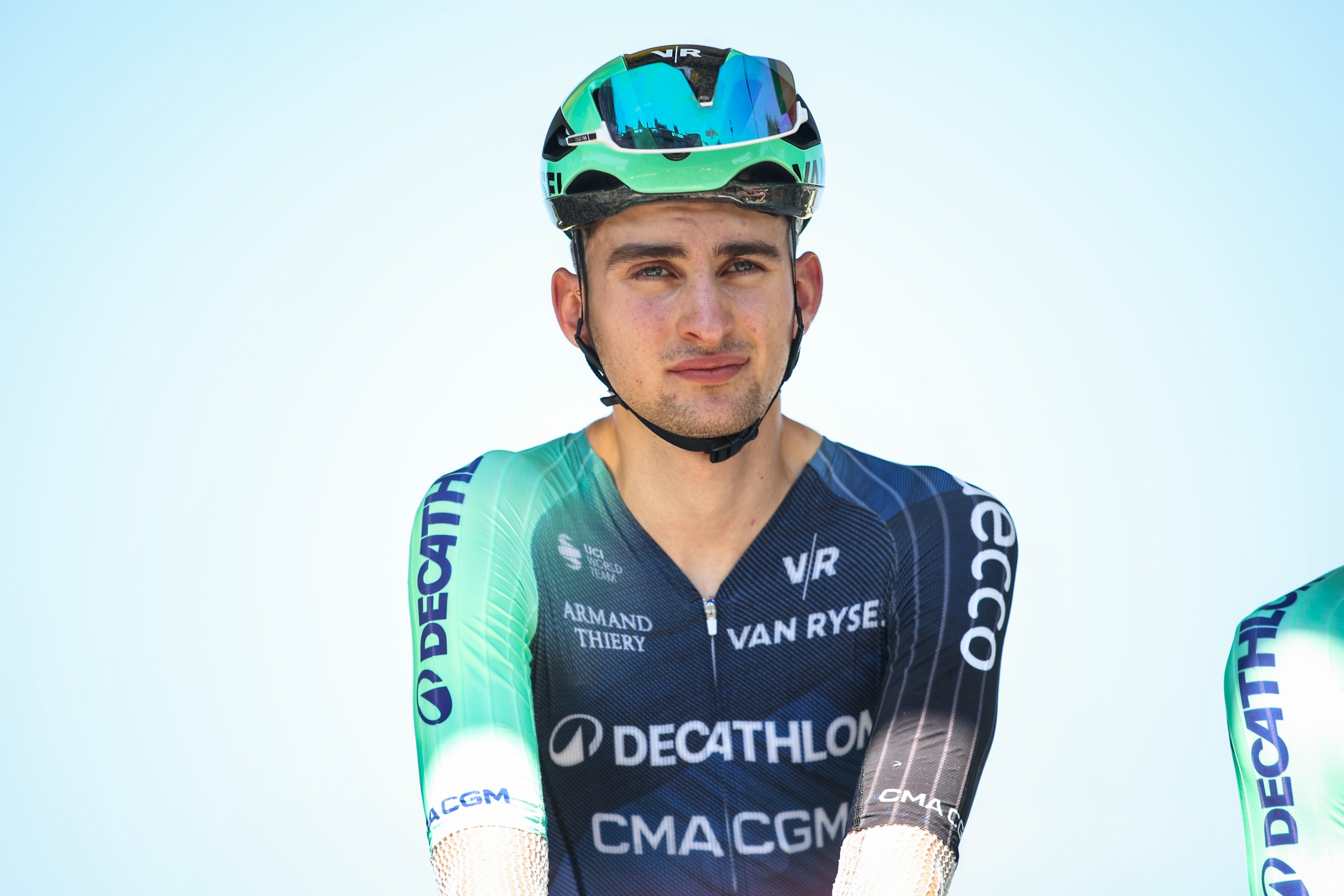 Paul Seixas on stage in Decathlon CMA CGM kit at the Tour de France