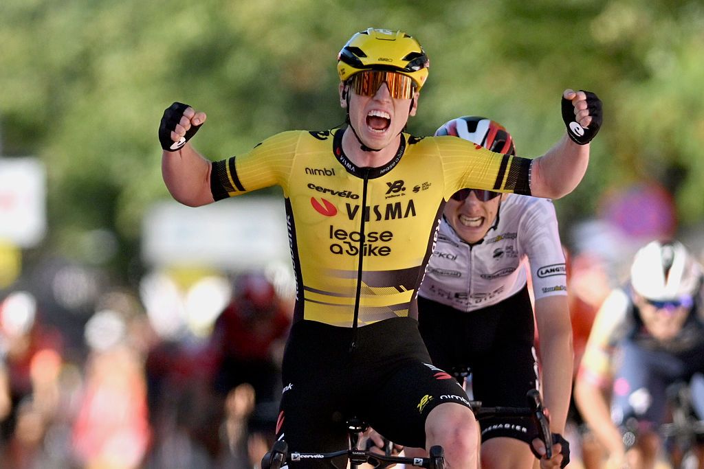ZAKOPANE, POLAND - AUGUST 08: (L-R) Matthew Brennan of Great Britain and Team Visma | Lease a Bike celebrates at finish line as stage winner ahead of Ben Turner of Great Britain and Team INEOS Grenadiers - White Points Jersey during the 82nd Tour de Pologne 2025, Stage 5 a 206.1km stage from Katowice to Zakopane / #UCIWT / on August 08, 2025 in Zakopane, Poland. (Photo by Luc Claessen/Getty Images)
