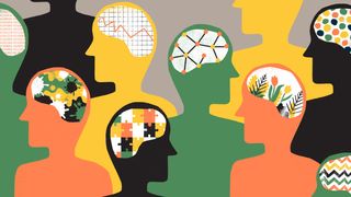 A number of different silhouettes of people with outlines of unique patterns in their brains, representing neurodiversity. Decorative: the silhouettes are in green, yellow, orange, and black.