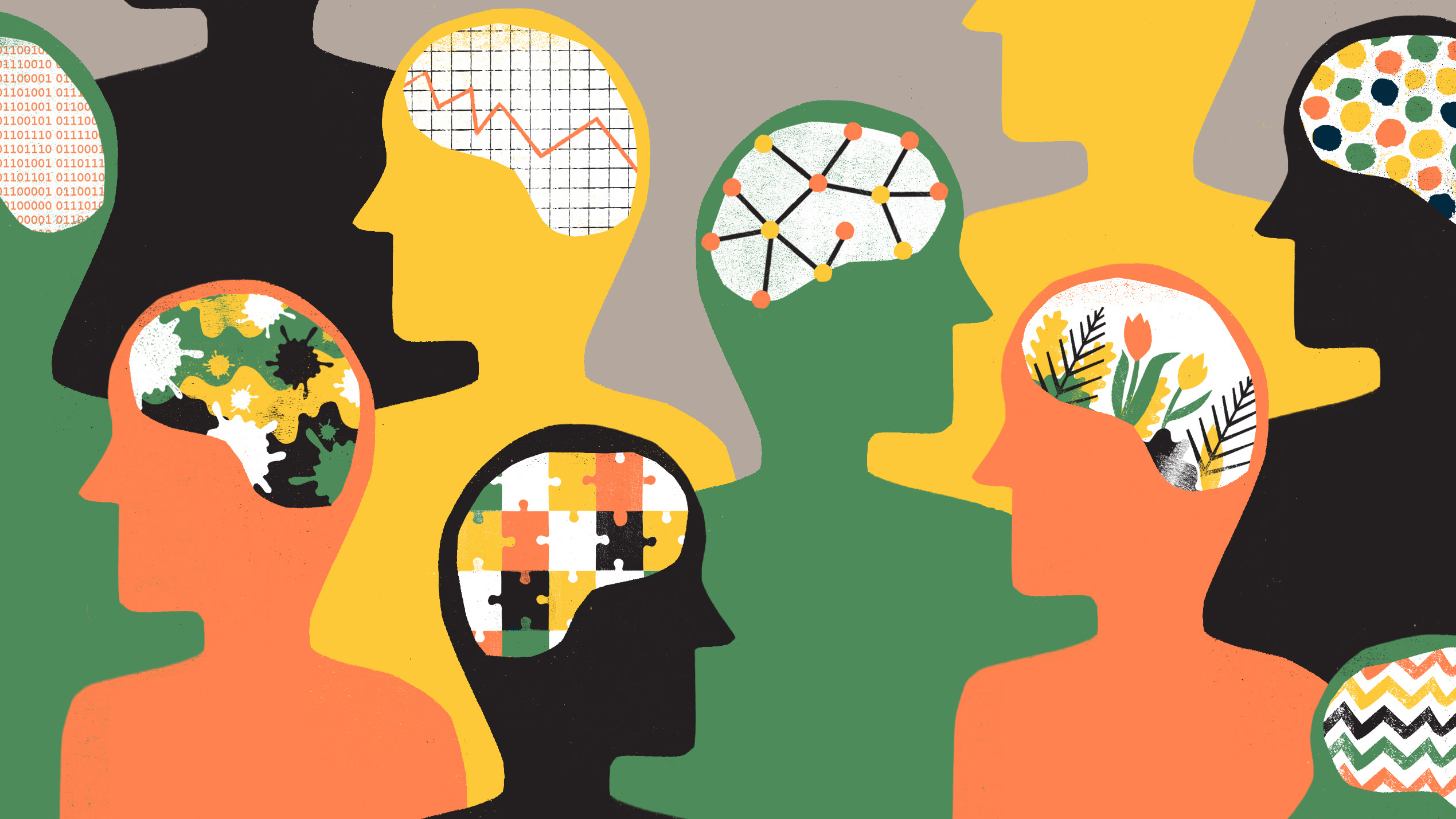 A number of different silhouettes of people with outlines of unique patterns in their brains, representing neurodiversity. Decorative: the silhouettes are in green, yellow, orange, and black.