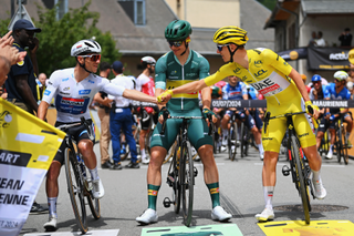 SAINT-JEAN-DE-MAURIENNE, FRANCE - JULY 03: (L-R) Remco Evenepoel of Belgium and Team Soudal Quick-Step - White Best Young Rider Jersey, Jonas Abrahamsen of Norway and Team Uno-X Mobility - Green Sprint Jersey and Tadej Pogacar of Slovenia and UAE Team Emirates - Yellow Leader Jersey prior to the 111th Tour de France 2024, Stage 5 a 177.4km stage from Saint-Jean-de-Maurienne to Saint Vulbas / #UCIWT / on July 03, 2024 in Saint-Jean-de-Maurienne, France. (Photo by Dario Belingheri/Getty Images)