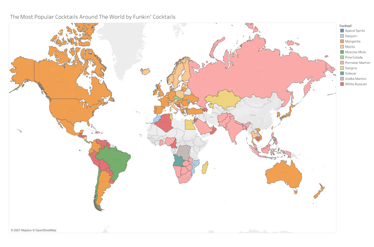 Map of the world showing favourite cocktails by country