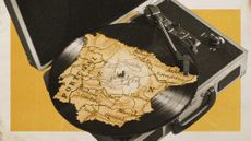 Photo collage of the map of the Iberian Peninsula turning on a record player
