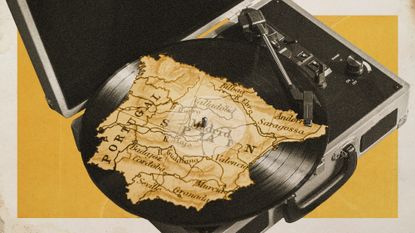 Photo collage of the map of the Iberian Peninsula turning on a record player