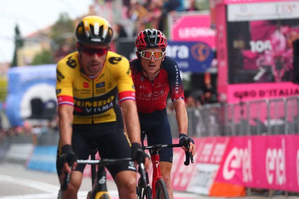 Geraint Thomas (Ineos Grenadiers) follows Primoz Roglic across the line on stage 8