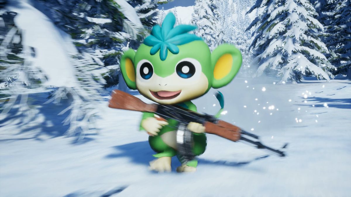 Palworld screenshot - cute green Pal with an AK47