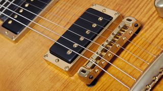 The DiMarzio pickups and bridge of a Lag Mastershop Imperator IP3000 Prestige electric guitar, during a studio shoot for Guitarist Magazine/Future via Getty Images, February 29, 2008. 