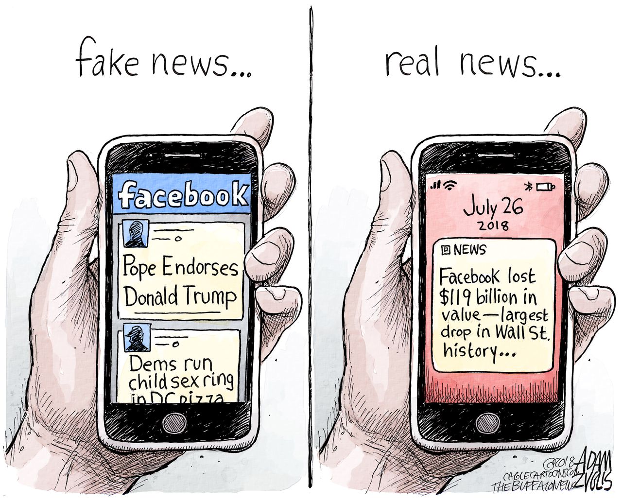 Political cartoon U.S. Trump fake news Facebook economy business Wall Street trading loss social media