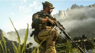 Captain Price kneeling in a field holding a sniper rifle